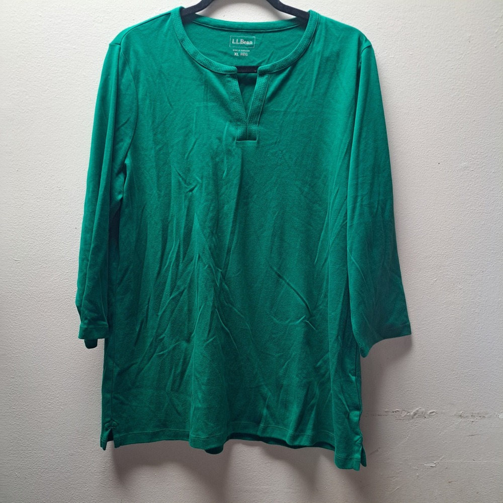 LL Bean Womens XL Dark Kelly Green Interlock 3/4 Sleeve Split Neck Tunic 503593